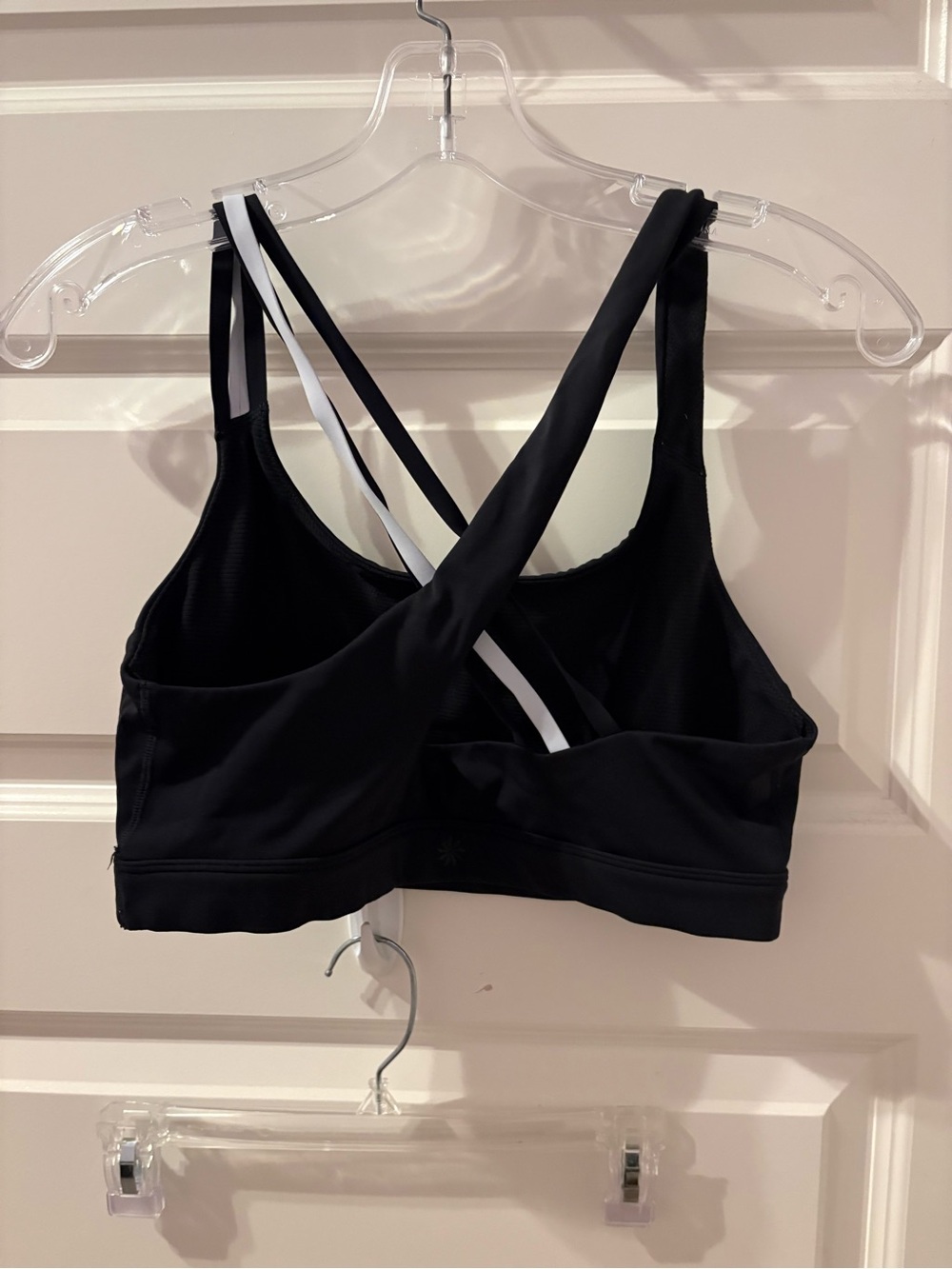 Athleta Black Strappy Cross-Back Sports Bra with White Logo - Picture 2 of 2